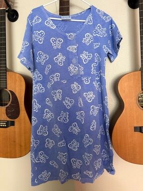Fresh Produce Blue Butterfly Print Dress Adult Large Made in USA Casual Beachy